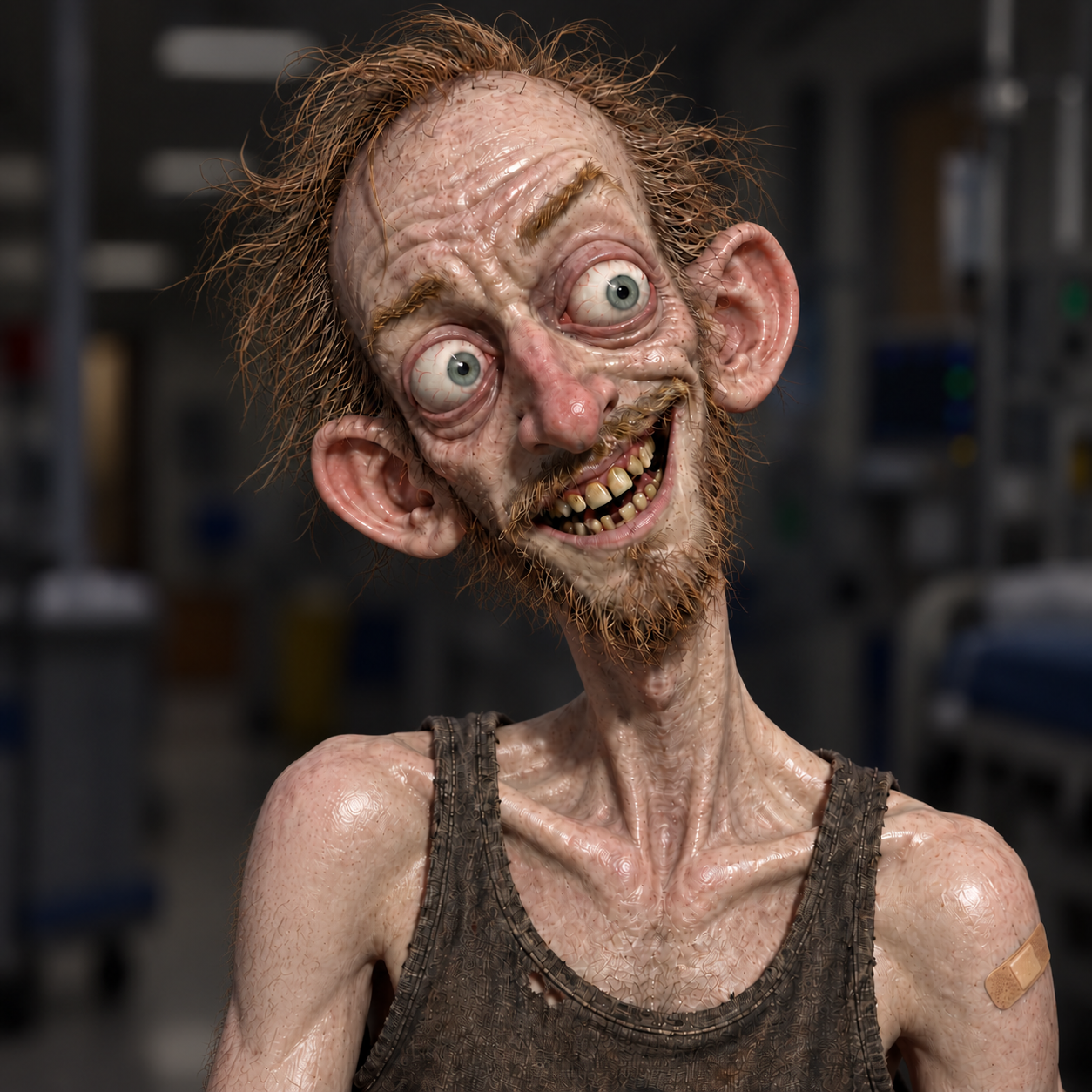 The $VACCINATED patient — gaunt, wide-eyed, and insisting he feels fantastic